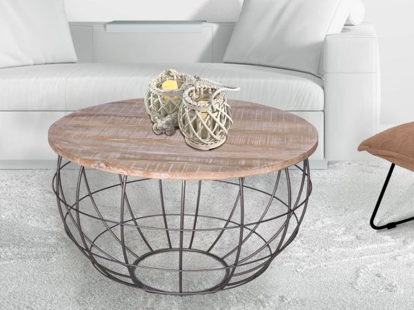 Couchtisch nachhaltig rund ø 75 cm Wohnzimmer-Tisch Massivholz London Metall Gitter Metall Gestell weiß gekälkt