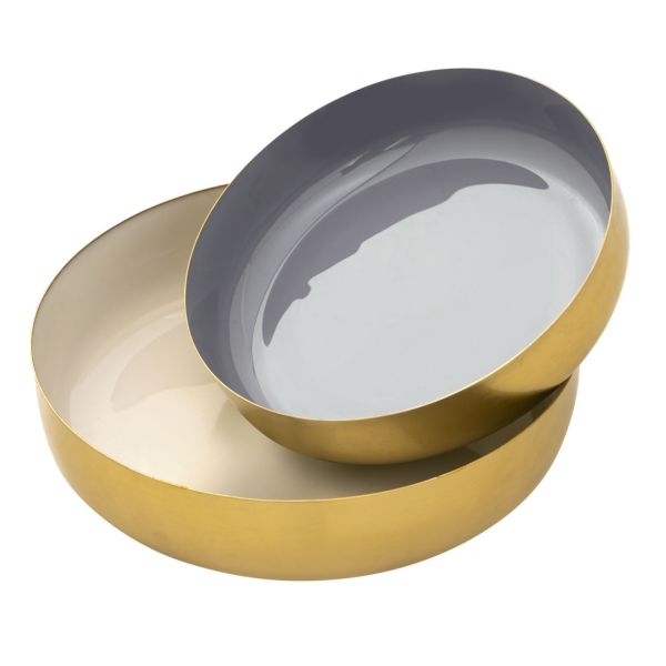 Deko Schale 2er Set rund ø 22/18 cm Knabberschale Glam hochwertig Metall gold und innen Emaille weiß - grau