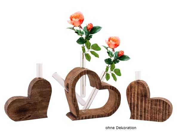Tischdeko Herzen 3-teilig Blumenvase Hochzeitsgeschenk Hochzeitsdeko Mangoholz massiv