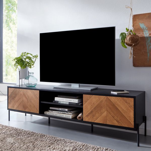Lowboard Holz Schwarz / Eiche-Dekor 163x45x40 cm TV-Kommode mit zwei Türen