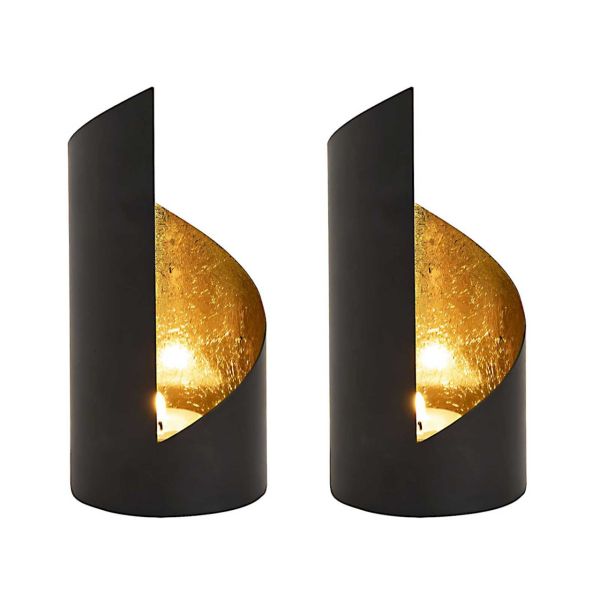 Teelichthalter Set 2-teilig Kerzenhalter Kevin zylindrisch schwarz matt innen vergoldet