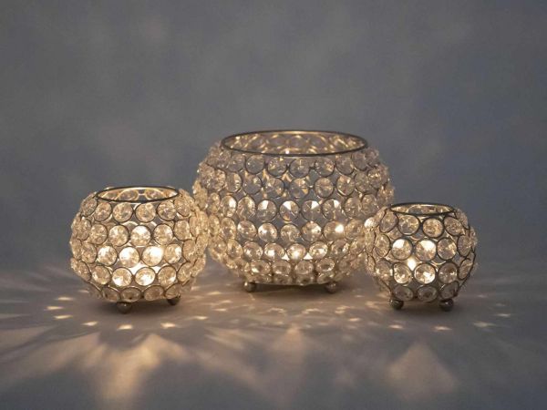 Teelichthalter Kerzenhalter Set 3-teilig Crystal Kerzenständer gold o. silber Vintage Kristall silber